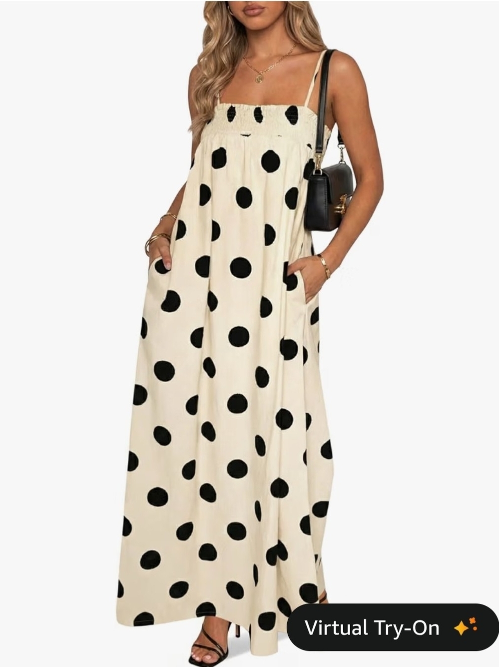Polka Dot Sleeveless Maxi Dress in Cream and Black Medium
